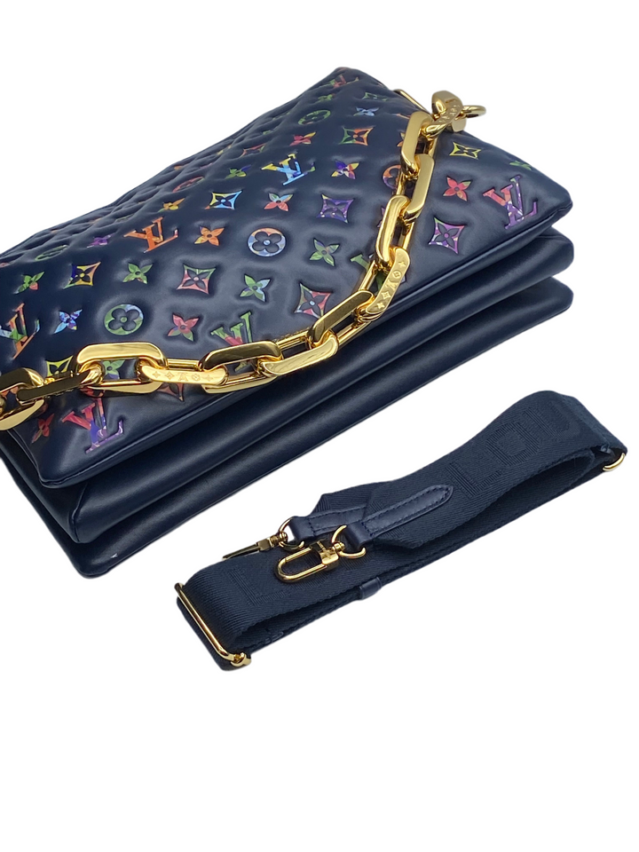 Lambskin Embossed Monogram LV Garden Coussin MM Navy Blue