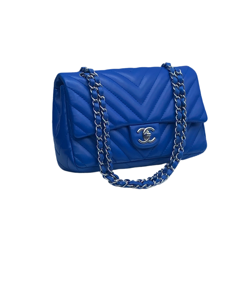 Chanel Medium Classic single Flap Blue Chevron Silver Hardware