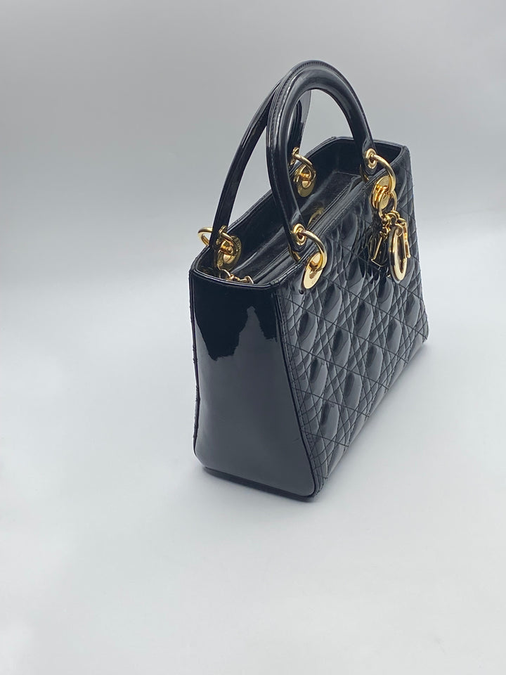 Borsa Media Lady Dior In Pelle Verniciata Nera