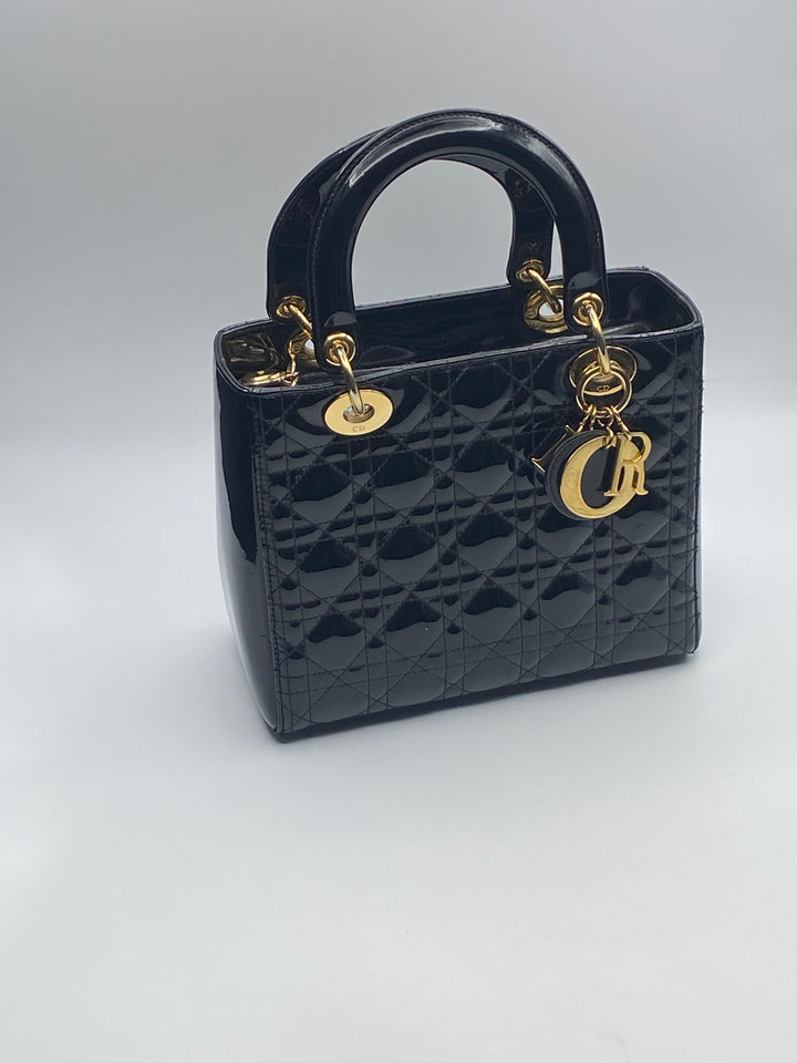 Borsa Media Lady Dior In Pelle Verniciata Nera