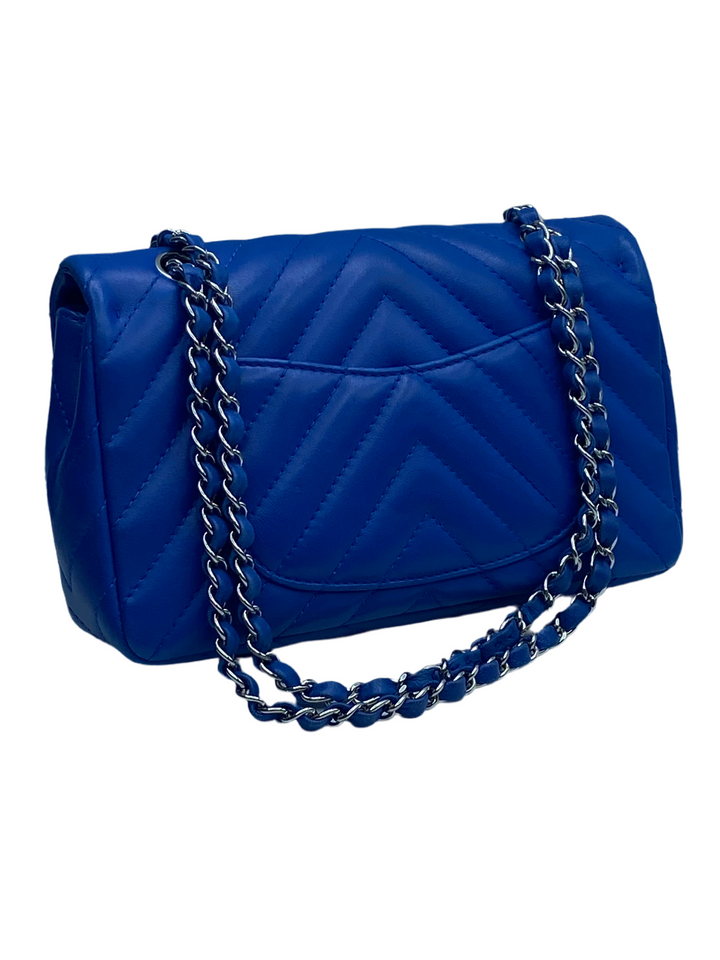 Chanel Medium Classic single Flap Blue Chevron Silver Hardware