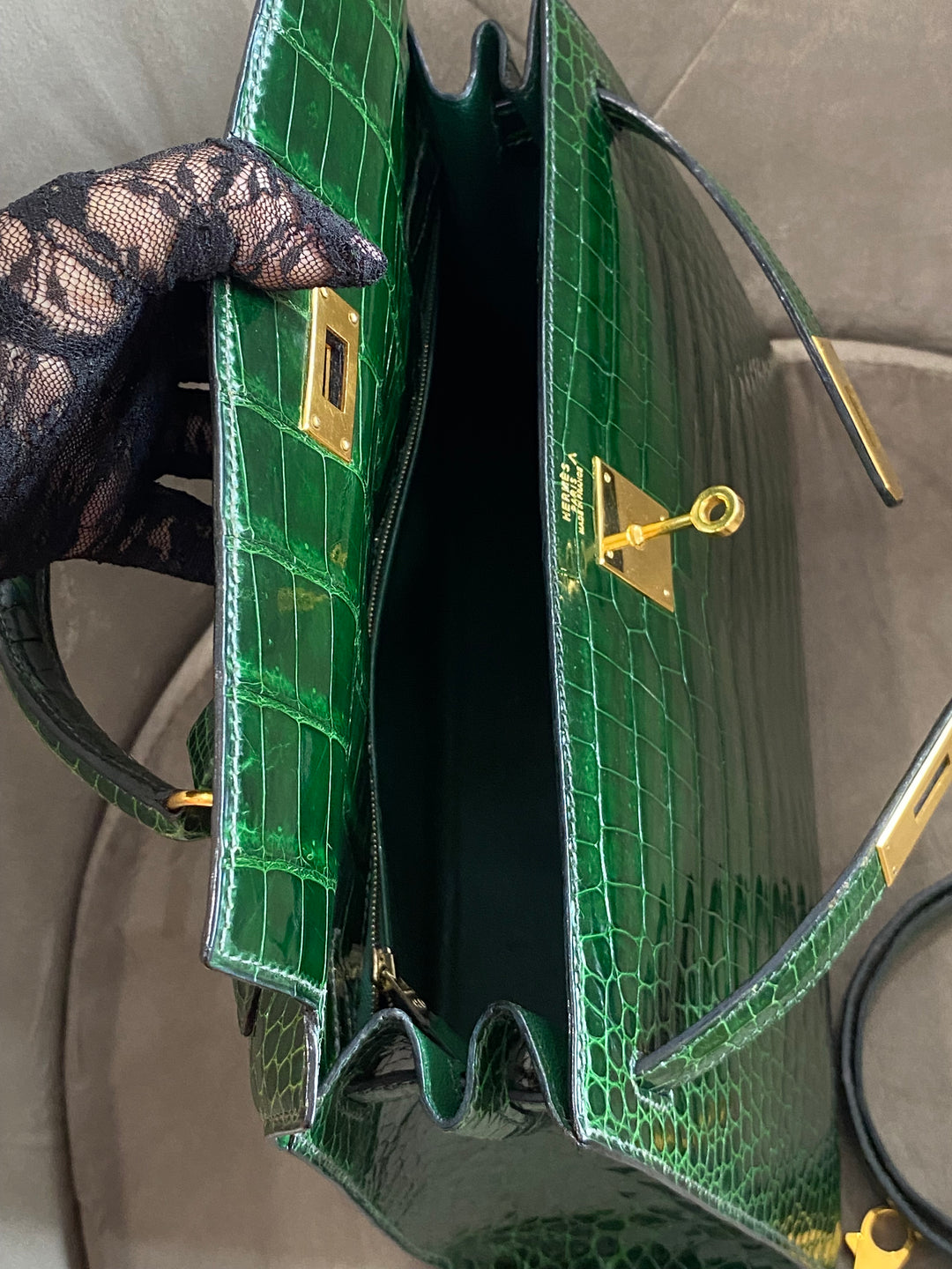 Hermes Kelly Alligator Lisse Vert Emerald 32