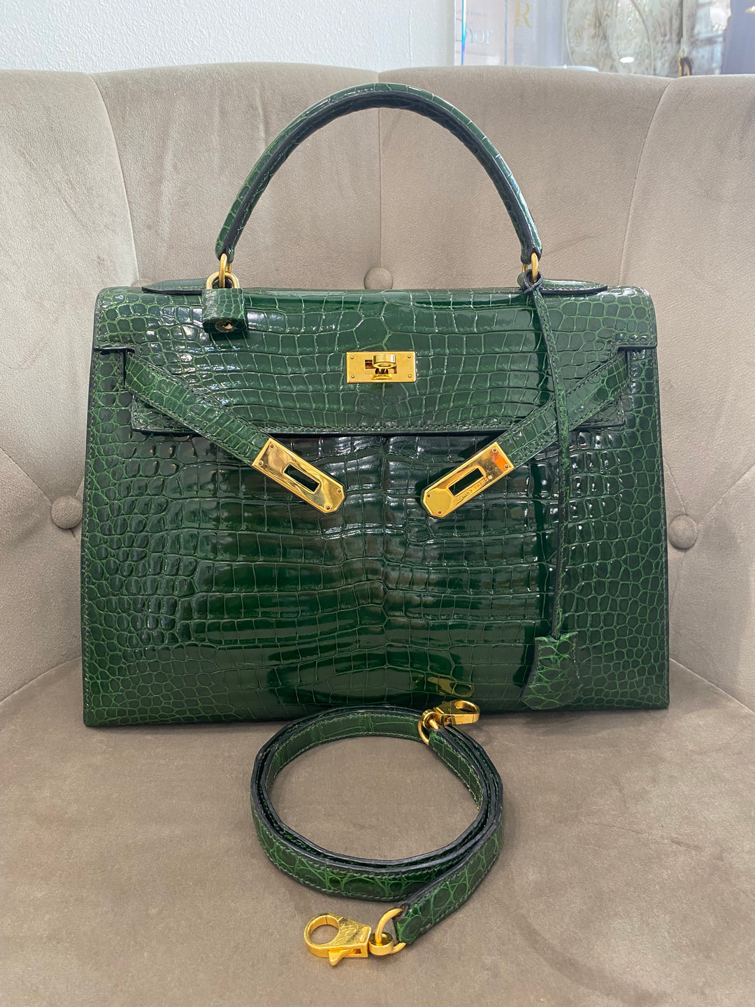Hermes Kelly Alligator Lisse Vert Emerald 32