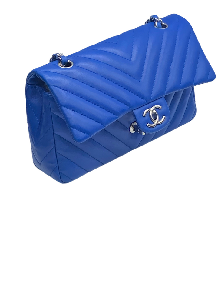 Chanel Medium Classic single Flap Blue Chevron Silver Hardware