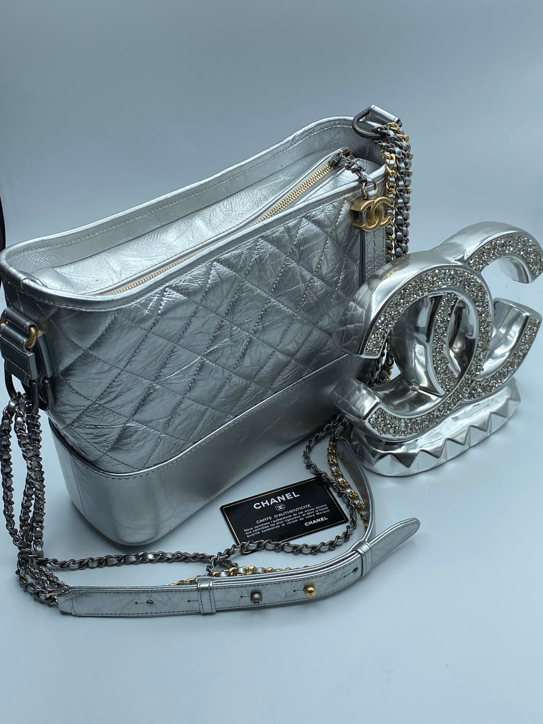 Chanel Gabrielle Hobo 2018 Bag Diamond Gabrielle Quilted Aged Medium Metallic Silver