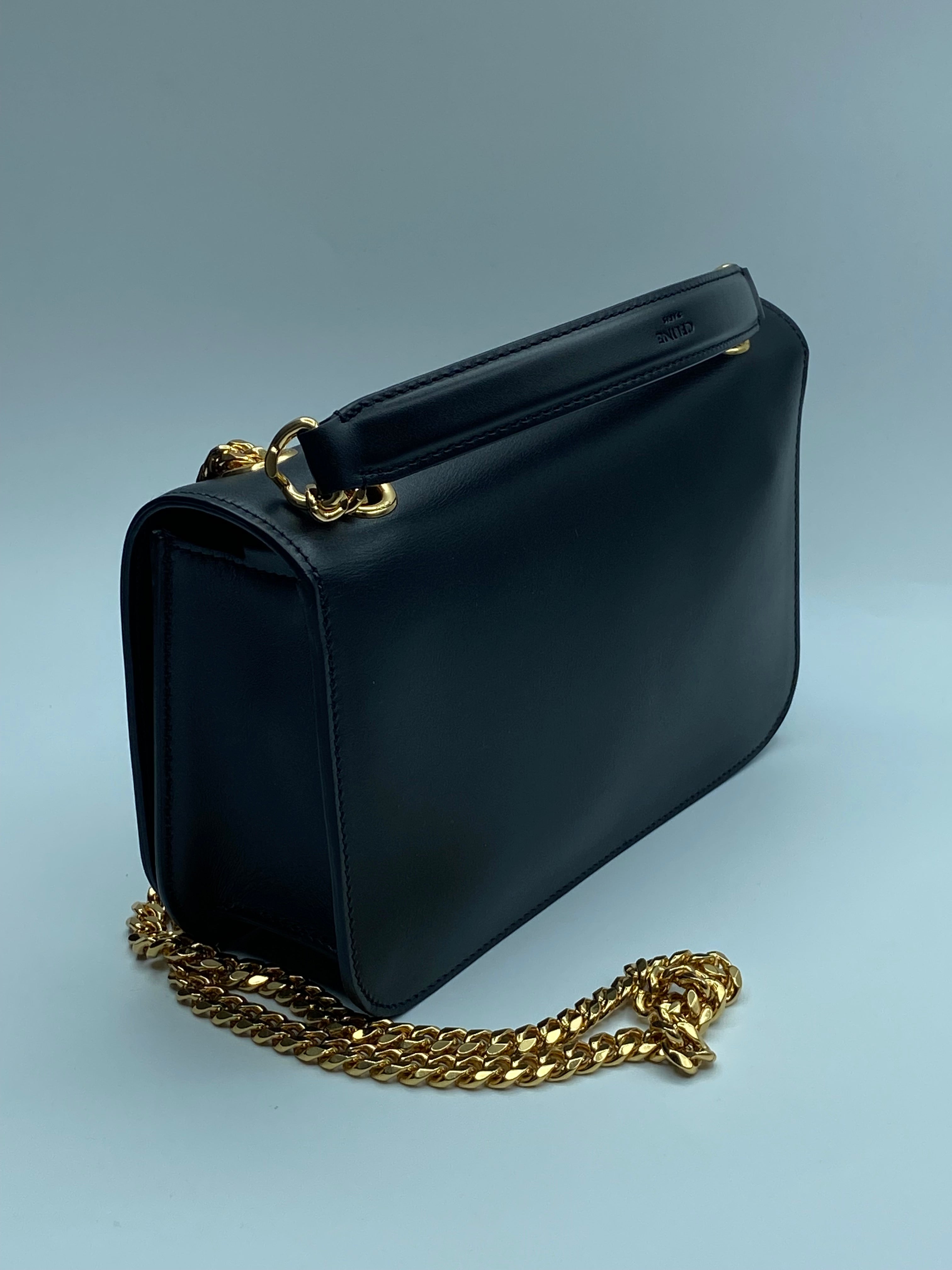 CELINE Medium Bag Triomphe Frame in Shiny Calfskin Black Luxury Vintage Brescia