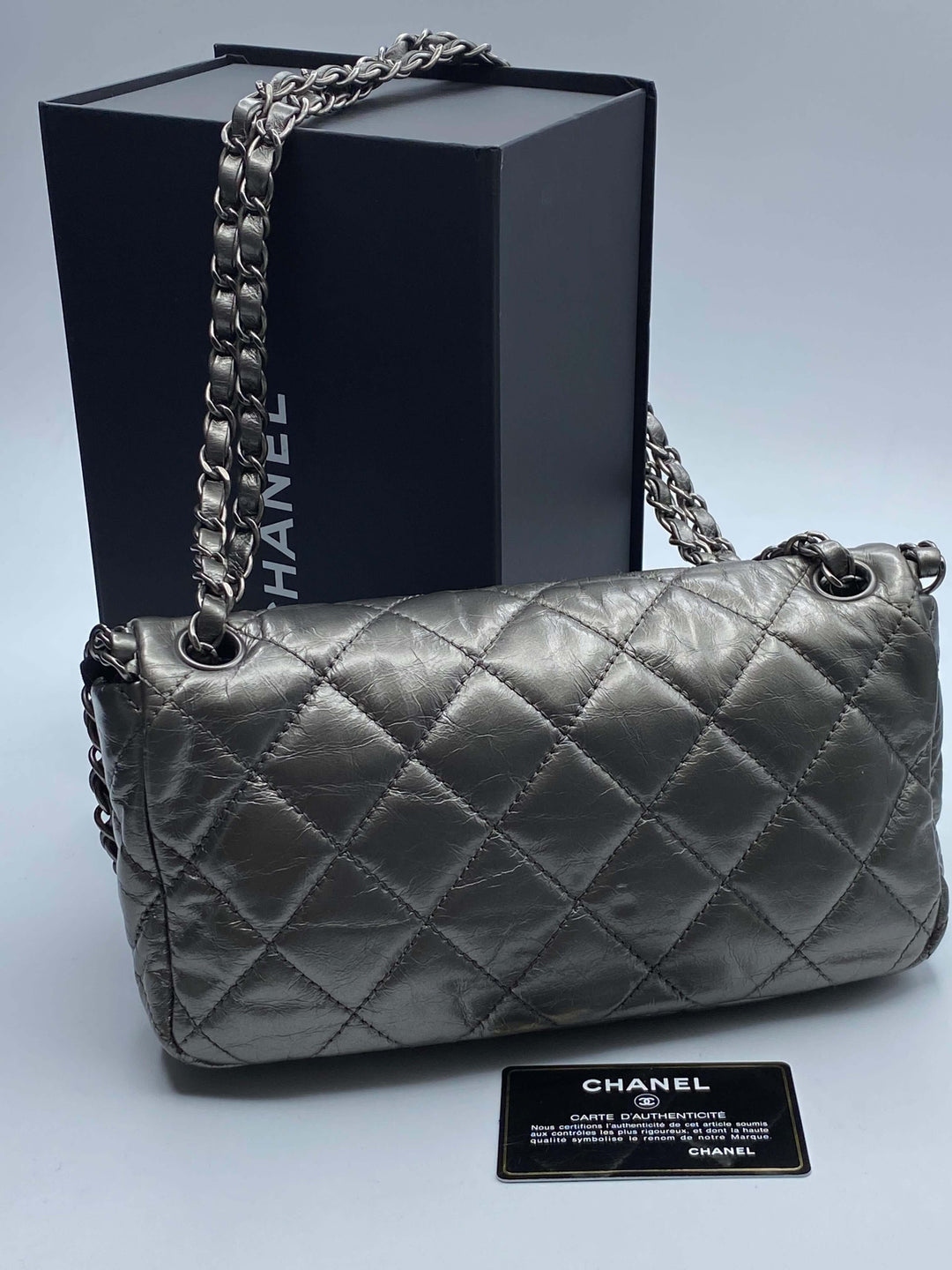 Borsa Chanel Timeless Classique in pelle grigio scuro - Edizione limitata completa di accessorI originali - Dettaglio logo CC in metallo