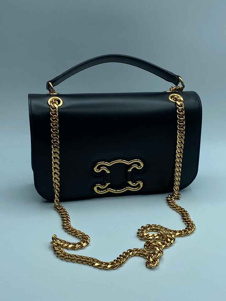 CELINE Medium Bag Triomphe Frame in Shiny Calfskin Black