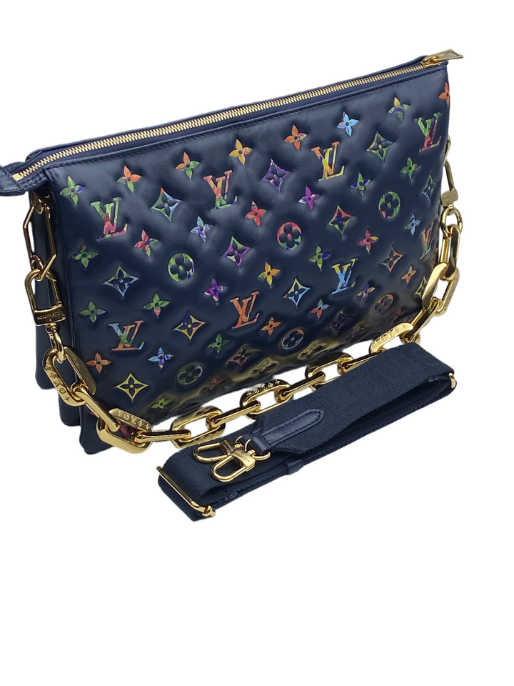 Lambskin Embossed Monogram LV Garden Coussin MM Navy Blue